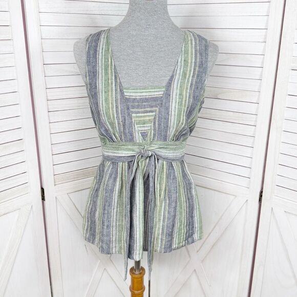 Kasper Linen Striped Tie Waist Sleeveless Tank Top Shirt Green Blue 8 - Picture 1 of 14
